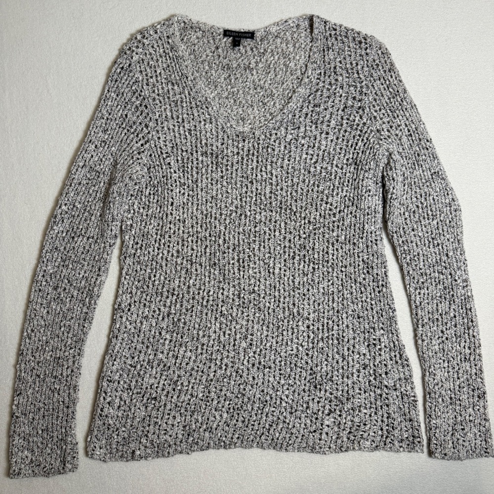 Eileen Fisher V-Neck Cotton Knit Sweater Women S Small Gray Textured Long Sleeve